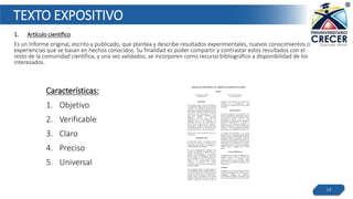 TEXTO EXPOSITIVO
1. Artículo científico
Es un Informe original, escrito y publicado, que plantea y describe resultados experimentales, nuevos conocimientos o
experiencias que se basan en hechos conocidos. Su finalidad es poder compartir y contrastar estos resultados con el
resto de la comunidad científica, y una vez validados, se incorporen como recurso bibliográfico a disponibilidad de los
interesados.
14
Características:
1. Objetivo
2. Verificable
3. Claro
4. Preciso
5. Universal
 