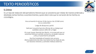 TEXTO PERIODÍSTICOS
6. Crónica
Es un tipo de redacción del periodismo literario que se caracteriza por relatar de manera ordenada y
detallada ciertos hechos o acontecimientos; quiere decir esto que la narración de los hechos es
cronológica.
21
Ana se levantó el viernes 14 de marzo a las 10 AM como
era su costumbre.
Luego de desayunar, partió.
Salió por la puerta hacia las oficinas de su trabajo que
quedaba a pocas calles de su hogar.
Al cruzar la gran Avenida San Martín, no se percató que un
automóvil venía en sentido contrario y, sin poder esquivar
a Ana, el automóvil la atropelló.
Ana fue trasladada al hospital más cercano.
Afortunadamente dos días más tarde Ana fue dada de alta
con lesiones menores y controles médicos externos.
 