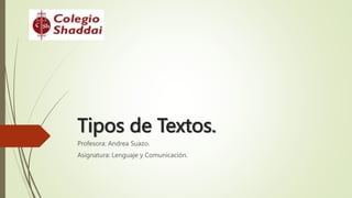 Tipos de Textos.
Profesora: Andrea Suazo.
Asignatura: Lenguaje y Comunicación.
 