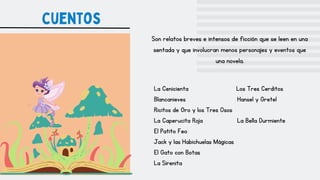 cuentos
Son relatos breves e intensos de ficción que se leen en una
sentada y que involucran menos personajes y eventos que
una novela.
La Cenicienta Los Tres Cerditos
Blancanieves Hansel y Gretel
Ricitos de Oro y los Tres Osos
La Caperucita Roja La Bella Durmiente
El Patito Feo
Jack y las Habichuelas Mágicas
El Gato con Botas
La Sirenita
 