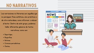No narrativos
Las narraciones no literarias son aquellas que
no persiguen fines estéticos, sino prácticos o
de otra naturaleza, como informar o educar
al lector. Dentro de este grupo, podemos
hallar diferentes géneros de textos
narrativos, como son:
Reportajes.
Biografías.
Noticias.
Crónicas periodísticas.
Chistes.
 