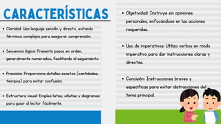 Características
Claridad: Usa lenguaje sencillo y directo, evitando
términos complejos para asegurar comprensión.
Secuencia lógica: Presenta pasos en orden,
generalmente numerados, facilitando el seguimiento.
Precisión: Proporciona detalles exactos (cantidades,
tiempos) para evitar confusión.
Estructura visual: Emplea listas, viñetas y diagramas
para guiar al lector fácilmente.
Objetividad: Instruye sin opiniones
personales, enfocándose en las acciones
requeridas.
Uso de imperativos: Utiliza verbos en modo
imperativo para dar instrucciones claras y
directas.
Concisión: Instrucciones breves y
específicas para evitar distracciones del
tema principal.
 