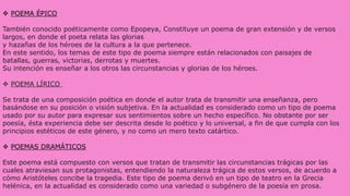  POEMA ÉPICO
También conocido poéticamente como Epopeya, Constituye un poema de gran extensión y de versos
largos, en donde el poeta relata las glorias
y hazañas de los héroes de la cultura a la que pertenece.
En este sentido, los temas de este tipo de poema siempre están relacionados con paisajes de
batallas, guerras, victorias, derrotas y muertes.
Su intención es enseñar a los otros las circunstancias y glorias de los héroes.
 POEMA LÍRICO
Se trata de una composición poética en donde el autor trata de transmitir una enseñanza, pero
basándose en su posición o visión subjetiva. En la actualidad es considerado como un tipo de poema
usado por su autor para expresar sus sentimientos sobre un hecho específico. No obstante por ser
poesía, ésta experiencia debe ser descrita desde lo poético y lo universal, a fin de que cumpla con los
principios estéticos de este género, y no como un mero texto catártico.
 POEMAS DRAMÁTICOS
Este poema está compuesto con versos que tratan de transmitir las circunstancias trágicas por las
cuales atraviesan sus protagonistas, entendiendo la naturaleza trágica de estos versos, de acuerdo a
cómo Aristóteles concibe la tragedia. Este tipo de poema derivó en un tipo de teatro en la Grecia
helénica, en la actualidad es considerado como una variedad o subgénero de la poesía en prosa.
 
