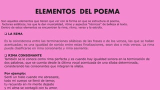 ELEMENTOS DEL POEMA
Son aquellos elementos que tienen que ver con la forma en que se estructura el poema,
factores estéticos, los que le dan musicalidad, ritmo y aspectos “técnicos” de belleza al texto.
Dentro de estos elementos se encuentran la rima, ritmo, verso y la estrofa.
 LA RIMA
Es la coincidencia entre las terminaciones silábicas de las frases o de los versos, las que se hallan
acentuadas; es una igualdad de sonido entre estas finalizaciones, sean dos o más versos. La rima
puede clasificarse en rima consonante y rima asonante.
 RIMA CONSONANTE
También se le conoce como rima perfecta y es cuando hay igualdad sonora en la terminación de
dos palabras, que se cuenta desde la última vocal acentuada de una sílaba determinada,
considerando las consonantes que integran la sílaba.
Por ejemplo:
Sentí un hielo cuando me abrazaste,
todo mi cuerpo se llenó de temor,
tu recuerdo en mi mente dejaste
y mi alma se contagió con tu amor.
 