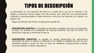 TIPOS DE DESCRIPCIÓN
La descripción es una variación del discurso a través de la cual se le confieren a los
objetos o personas ciertos rasgos. De esta manera, por medio de una caracterización
ordenada y pormenorizada se logra transmitir como son las personas, los objetos, los
lugares, etc.
Según la intención del emisor, la descripción puede ser:
• DESCRIPCIÓN OBJETIVA: su finalidad es describir la realidad tal como se le presenta.
Es decir, no abunda en la utilización de recursos literarios, sino que se limita a la
descripción rigurosa y precisa de lo que ve.
• DESCRIPCIÓN SUBJETIVA: es aquella en donde predominan las valoraciones
personales de quien la realiza. Su intención no es reflejar la realidad tal como es, sino
expresarla desde su punto de vista. En ésta, las metáforas, comparaciones y demás
recursos estilísticos cobran importancia.
 