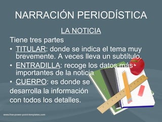 NARRACIÓN PERIODÍSTICA LA NOTICIA Tiene tres partes TITULAR : donde se indica el tema muy brevemente. A veces lleva un subtítulo. ENTRADILLA : recoge los datos más importantes de la noticia CUERPO : es donde se desarrolla la información con todos los detalles. 