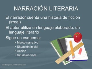 NARRACIÓN LITERARIA El narrador cuenta una historia de ficción (irreal) El autor utiliza un lenguaje elaborado: un lenguaje literario Sigue un esquema: Marco narrativo Situación inicial Acción Situación final 