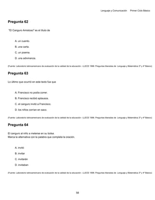 Lenguaje y Comunicación Primer Ciclo Básico
Pregunta 62
"El Canguro Amistoso" es el título de
A. un cuento.
B. una carta.
C. un poema.
D. una adivinanza.
(Fuente: Laboratorio latinoamericano de evaluación de la calidad de la educación - LLECE 1998. Preguntas liberadas de Lenguaje y Matemática 3º y 4º Básico)
Pregunta 63
Lo último que ocurrió en este texto fue que
A. Francisco no podía correr.
B. Francisco recibió aplausos.
C. el canguro invitó a Francisco.
D. los niños corrían en saco.
(Fuente: Laboratorio latinoamericano de evaluación de la calidad de la educación - LLECE 1998. Preguntas liberadas de Lenguaje y Matemática 3º y 4º Básico)
Pregunta 64
El canguro al niño a meterse en su bolsa.
Marca la alternativa con la palabra que completa la oración.
A. invitó
B. invitar
C. invitarán
D. invitaban
(Fuente: Laboratorio latinoamericano de evaluación de la calidad de la educación - LLECE 1998. Preguntas liberadas de Lenguaje y Matemática 3º y 4º Básico)
58
 