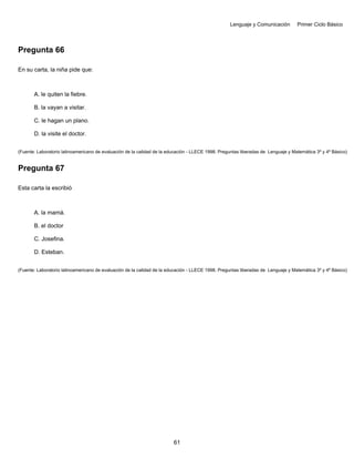 Lenguaje y Comunicación Primer Ciclo Básico
Pregunta 66
En su carta, la niña pide que:
A. le quiten la fiebre.
B. la vayan a visitar.
C. le hagan un plano.
D. la visite el doctor.
(Fuente: Laboratorio latinoamericano de evaluación de la calidad de la educación - LLECE 1998. Preguntas liberadas de Lenguaje y Matemática 3º y 4º Básico)
Pregunta 67
Esta carta la escribió
A. la mamá.
B. el doctor
C. Josefina.
D. Esteban.
(Fuente: Laboratorio latinoamericano de evaluación de la calidad de la educación - LLECE 1998. Preguntas liberadas de Lenguaje y Matemática 3º y 4º Básico)
61
 