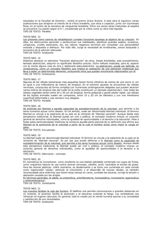 estudiaba en la Facultad de Derecho-, recibió el premio Graca Aranha. A esta obra le siguieron varias
publicaciones que atrajeron el interés de la crítica brasileña, que sitúa a Lispector, junto con Guimaraes
Rosa, en el centro de la narrativa de vanguardia brasileña. Entre sus pocas obras traducidas al español
se encuentra “La pasión según G.H.”, considerada por la crítica como su obra más lograda.
TIPO DE TEXTO: Paralelo
TEXTO NRO. 15
Las prisiones como centros de rehabilitación cumplen funciones opuestas al objetivo de su creación . En
ellas, los delincuentes aprenden y perfeccionan sus habilidades, planifican grandes asaltos, siniestros,
venganzas, crueles asesinatos, etc, los valores negativos terminan por consolidar una personalidad
avezada y dispuesta a delinquir. Por todo ello, surge la necesidad de erradicarlas, previa búsqueda y
encuentro de la solución adecuada.
TIPO DE TEXTO: Analizante
TEXTO NRO. 16
Podemos destacar un elemento “haciendo abstracción” de otros. Desde Aristóteles, este procedimiento,
llamado abstracción, adquirió un significado filosófico preciso. Dicho método implicaba, para él, separar
con la mente alguna cosa de otra y destacarla adecuadamente. La abstracción, puede ser definida, en
consecuencia, como un concepto filosófico que implica la realización de una operación intelectual que
lleva a aislar un determinado elemento, excluyendo otros que puedan encontrarse relacionados con él.
TIPO DE TEXTO: Sintetizante
TEXTO NRO. 17
Algunas de las células bacterianas más pequeñas tienen forma cilíndrica de menos de una micra (1 um
es igual a una millonésima de metro) de longitud. En el extremo opuesto se encuentran las células
nerviosas, corpúsculos de forma compleja con numerosas prolongaciones delgadas que pueden alcanzar
varios metros de longitud (las del cuello de la jirafa constituyen un ejemplo espectacular). Casi todas las
células vegetales tienen entre 20 y 30 um de longitud, forma poligonal y pared celular rígida. Las células
de los tejidos animales suelen ser compactas, entre 10 y 20 um de diámetro y con una membrana
superficial deformable y casi siempre muy plegada.
TIPO DE TEXTO: Paralelo
TEXTO NRO. 18
Se entiende por libertad a aquella capacidad de autodeterminación de la voluntad, que permite a los
seres humanos actuar como deseen. En tal sentido, suele ser denominada libertad individual. El término
libertad se vincula a la soberanía de su país en la vertiente de “libertad nacional”. Aunque desde esta
perspectiva tradicional, la libertad puede ser civil o política, el concepto moderno incluye un conjunto
general de derechos individuales, como la igualdad de oportunidades o el derecho a la educación. Pese a
todas estas particularidades históricas se conserva aquella parte esencial de su definición que afirma que
libertad es la autonomía de la voluntad a partir de la cual el hombre actúa como mejor le venga en
gana.
TIPO DE TEXTO: Encuadrado
TEXTO NRO. 19
La libertad suele ser denominada libertad individual. El término se vincula a la soberanía de su país en la
vertiente de “libertad nacional”. Es por eso que puede definirse a la libertad como la capacidad de
autodeterminación de la voluntad, que permite a los seres humanos actuar como deseen. Aunque desde
esta perspectiva tradicional, la libertad puede ser civil o política, el concepto moderno incluye un
conjunto general de derechos individuales, como la igualdad de oportunidades o el derecho a la
educación.
TIPO DE TEXTO: Alternante - centrado
TEXTO NRO. 20
En cosméticos es humectante: como emoliente es una bebida saludable combinado con jugos de frutas,
como ungüentos tópicos se usa contra úlceras varicosas; celulitis, acné; neutraliza el exceso de grasa.
Para las úlceras pépticas: colitis ulcerativa, es alcalanizante y se toma una cucharada en cada comida
como regenerador celular; estimula el crecimiento y el desarrollo de nuevas células; es también
recomendable para enfermos que tienen largo tiempo en cama, combate las escaras, corrige la tensión y
depresión causada por las drogas.
En términos generales, la sábila, es antipirética, antinflamatoria, homeostática, humectante regenerativa
y antitromboxánica”.
TIPO DE TEXTO: Sintetizante
TEXTO NRO. 21
Los inventos facilitan la vida del hombre. El teléfono nos permite comunicarnos a grandes distancias en
un instante, el ascensor facilita la ascensión y el descenso evitando la fatiga. Los ventiladores nos
refrescan en lugares calurosos. En general, todo lo creado por la mente humana apunta a su comodidad
y satisfacción de sus necesidades.
TIPO DE TEXTO: Analizante

 