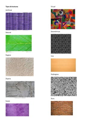 Tipos de texturas
Artificial
Natural
Rugosa
Áspera
Suave
Visual
Geométricas
Lisa
Pedregosa
Dura
 