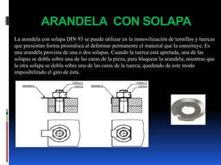 ARANDELA CON SOLAPA
La arandela con solapa DIN 93 se puede utilizar en la inmovilización de tornillos y tuercas
que presentan forma prismática al deformar permanente el material que la constituye. Es
una arandela provista de una o dos solapas. Cuando la tuerca está apretada, una de las
solapas se dobla sobre una de las caras de la pieza, para bloquear la arandela; mientras que
la otra solapa se dobla sobre una de las caras de la tuerca, quedando de este modo
imposibilitado el giro de ésta.
 