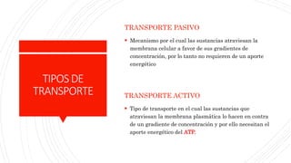 TIPOSDE
TRANSPORTE
TRANSPORTE PASIVO
 Mecanismo por el cual las sustancias atraviesan la
membrana celular a favor de sus gradientes de
concentración, por lo tanto no requieren de un aporte
energético
TRANSPORTE ACTIVO
 Tipo de transporte en el cual las sustancias que
atraviesan la membrana plasmática lo hacen en contra
de un gradiente de concentración y por ello necesitan el
aporte energético del ATP.
 