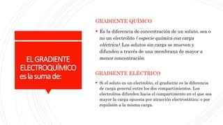 ELGRADIENTE
ELECTROQUÍMICO
eslasumade:
GRADIENTE QUÍMCO
 Es la diferencia de concentración de un soluto, sea o
no un electrolito ( especie química con carga
eléctrica). Los solutos sin carga se mueven y
difunden a través de una membrana de mayor a
menor concentración
GRADIENTE ELÉCTRICO
 Si el soluto es un electrolito, el gradiente es la diferencia
de carga general entre los dos compartimientos. Los
electrolitos difunden hacia el compartimento en el que sea
mayor la carga opuesta por atracción electrostática; o por
repulsión a la misma carga.
 