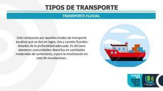 TIPOS DE TRANSPORTE
TRANSPORTE FLUVIAL
Está compuesto por aquellos modos de transporte
acuático que se dan en lagos, ríos ...