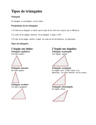 Tipos de triángulos
Triángulo
Un triángulo es un polígono con tres lados.
Propiedades de los triángulos
1 Un lado de un triángulo es menor que la suma de los otros dos y mayor que su diferencia.
2 La suma de los ángulos interiores de un triángulo es igual a 180°.
3 El valor de un ángulo exterior es igual a la suma de los dos interiores no adyacentes.
Tipos de triángulos
1 Según sus lados:
Triángulo equilátero
Tres lados iguales.
Triángulo isósceles
Dos lados iguales.
Triángulo escaleno
Tres lados desiguales.
2 Según sus ángulos:
Triángulo acutángulo
Tres ángulos agudos
Triángulo rectángulo
Un ángulo recto. El lado mayor es la
hipotenusa. Los lados menores son los catetos.
Triángulo obtusángulo
Un ángulo obtuso.
 