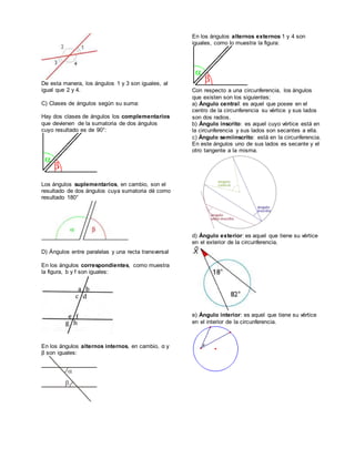 De esta manera, los ángulos 1 y 3 son iguales, al
igual que 2 y 4.
C) Clases de ángulos según su suma:
Hay dos clases de ángulos los complementarios
que devienen de la sumatoria de dos ángulos
cuyo resultado es de 90°:
Los ángulos suplementarios, en cambio, son el
resultado de dos ángulos cuya sumatoria dé como
resultado 180°
D) Ángulos entre paralelas y una recta transversal
En los ángulos correspondientes, como muestra
la figura, b y f son iguales:
En los ángulos alternos internos, en cambio, α y
β son iguales:
En los ángulos alternos externos 1 y 4 son
iguales, como lo muestra la figura:
Con respecto a una circunferencia, los ángulos
que existen son los siguientes:
a) Ángulo central: es aquel que posee en el
centro de la circunferencia su vértice y sus lados
son dos radios.
b) Ángulo inscrito: es aquel cuyo vértice está en
la circunferencia y sus lados son secantes a ella.
c) Ángulo semiinscrito: está en la circunferencia.
En este ángulos uno de sus lados es secante y el
otro tangente a la misma.
d) Ángulo exterior: es aquel que tiene su vértice
en el exterior de la circunferencia.
e) Ángulo interior: es aquel que tiene su vértice
en el interior de la circunferencia.
 