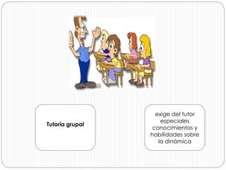 exige del tutor
especiales
conocimientos y
habilidades sobre
la dinámica
Tutoría grupal
 