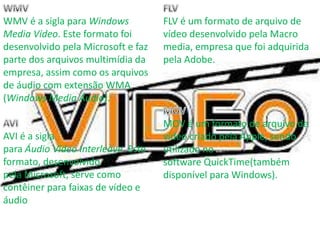 WMV é a sigla para Windows 
Media Vídeo. Este formato foi 
desenvolvido pela Microsoft e faz 
parte dos arquivos multimídia da 
empresa, assim como os arquivos 
de áudio com extensão WMA 
(Windows Media Áudio). 
AVI é a sigla 
para Áudio Video Interleave. Este 
formato, desenvolvido 
pela Microsoft, serve como 
contêiner para faixas de vídeo e 
áudio 
FLV é um formato de arquivo de 
vídeo desenvolvido pela Macro 
media, empresa que foi adquirida 
pela Adobe. 
MOV é um formato de arquivo de 
vídeo criado pela Apple, sendo 
utilizado no 
software QuickTime(também 
disponível para Windows). 
 