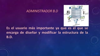 ADMINISTRADOR B.D
Es el usuario más importante ya que es el que se
encarga de diseñar y modificar la estructura de la
B.D.
 
