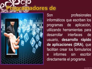 Son profesionales
informáticos que escriben los
programas de aplicación,
utilizando herramientas para
desarrollar interfaces de
usuario, desarrollo rápido
de aplicaciones (DRA), que
facilitan crear los formularios
e informes sin escribir
directamente el programa.
 