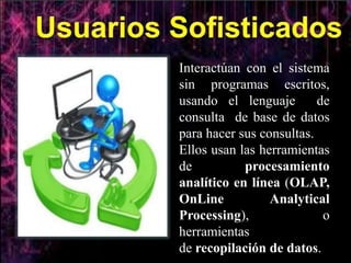 Interactúan con el sistema
sin programas escritos,
usando el lenguaje de
consulta de base de datos
para hacer sus consultas.
Ellos usan las herramientas
de procesamiento
analítico en línea (OLAP,
OnLine Analytical
Processing), o
herramientas
de recopilación de datos.
 