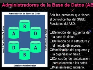 Son las personas que tienen
el control central del SGBD.
Funciones del ABD:
Definición del esquema de
la base de datos.
Definición de la estructura y
el método de acceso.
Modificación del esquema y
la organización física.
Concesión de autorización
para el acceso a los datos.
Mantenimiento rutinario.
 