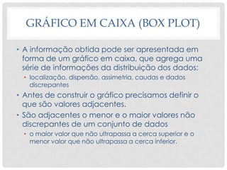 GRÁFICO EM CAIXA (BOX PLOT)
• A informação obtida pode ser apresentada em
forma de um gráfico em caixa, que agrega uma
série de informações da distribuição dos dados:
• localização, dispersão, assimetria, caudas e dados
discrepantes
• Antes de construir o gráfico precisamos definir o
que são valores adjacentes.
• São adjacentes o menor e o maior valores não
discrepantes de um conjunto de dados
• o maior valor que não ultrapassa a cerca superior e o
menor valor que não ultrapassa a cerca inferior.
 