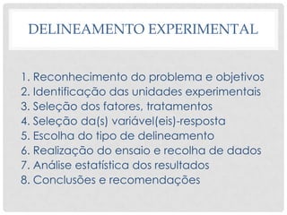 DELINEAMENTO EXPERIMENTAL
1. Reconhecimento do problema e objetivos
2. Identificação das unidades experimentais
3. Seleção dos fatores, tratamentos
4. Seleção da(s) variável(eis)-resposta
5. Escolha do tipo de delineamento
6. Realização do ensaio e recolha de dados
7. Análise estatística dos resultados
8. Conclusões e recomendações
 