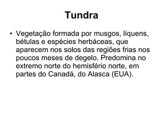 Tundra Vegetação formada por musgos, líquens, bétulas e espécies herbáceas, que aparecem nos solos das regiões frias nos poucos meses de degelo. Predomina no extremo norte do hemisfério norte, em partes do Canadá, do Alasca (EUA).  