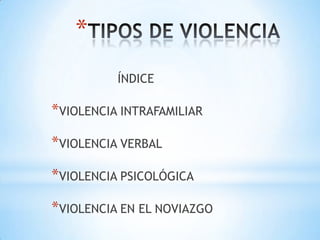 *
          ÍNDICE

*VIOLENCIA INTRAFAMILIAR

*VIOLENCIA VERBAL

*VIOLENCIA PSICOLÓGICA

*VIOLENCIA EN EL NOVIAZGO
 