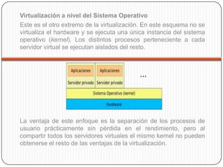 Virtualización a nivel del Sistema Operativo
Este es el otro extremo de la virtualización. En este esquema no se
virtualiza el hardware y se ejecuta una única instancia del sistema
operativo (kernel). Los distintos procesos perteneciente a cada
servidor virtual se ejecutan aislados del resto.




La ventaja de este enfoque es la separación de los procesos de
usuario prácticamente sin pérdida en el rendimiento, pero al
compartir todos los servidores virtuales el mismo kernel no pueden
obtenerse el resto de las ventajas de la virtualización.
 