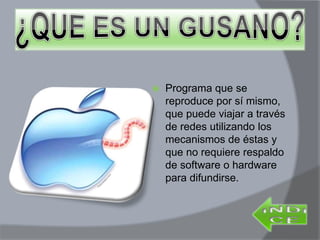  Programa que se
reproduce por sí mismo,
que puede viajar a través
de redes utilizando los
mecanismos de éstas y
que no requiere respaldo
de software o hardware
para difundirse.
 