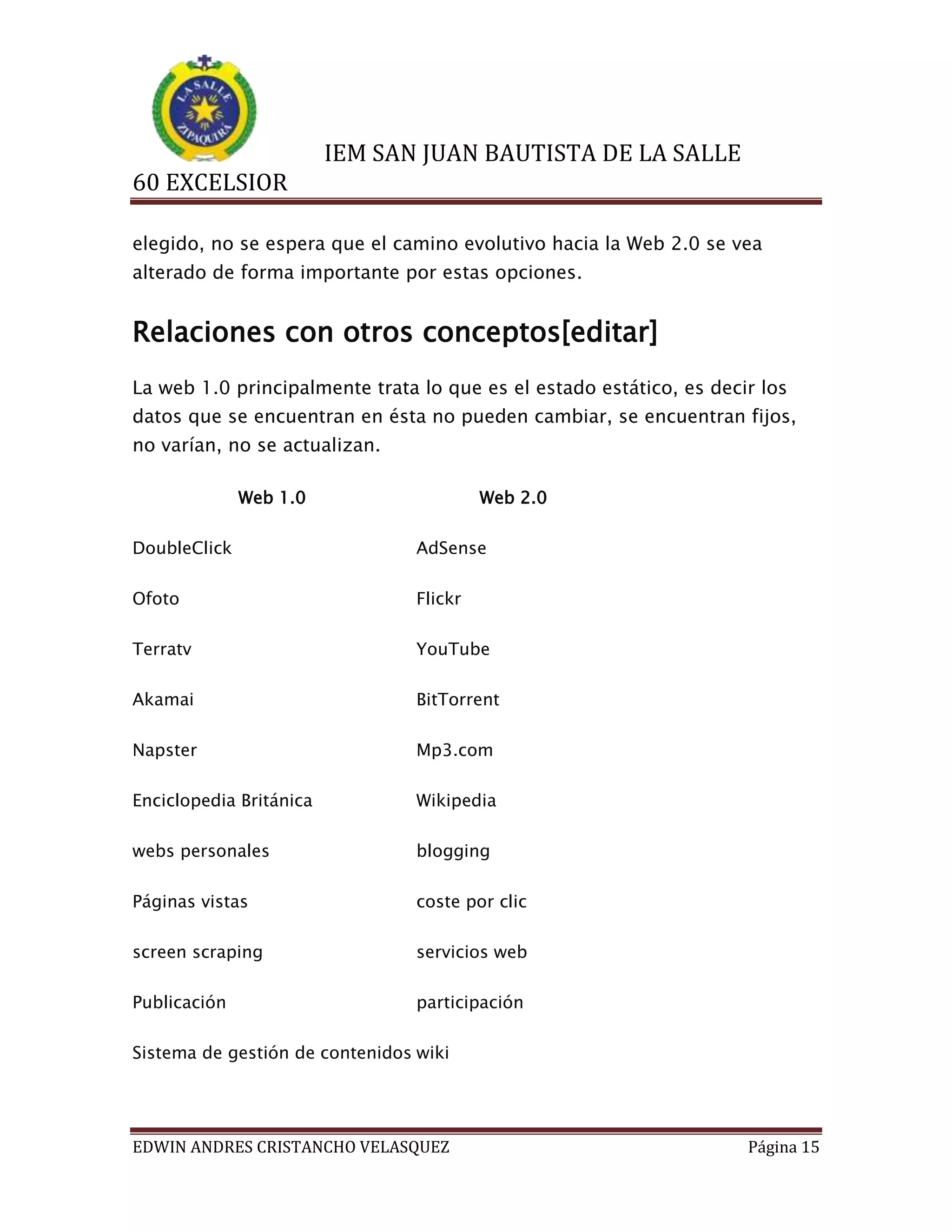 IEM SAN JUAN BAUTISTA DE LA SALLE
60 EXCELSIOR
elegido, no se espera que el camino evolutivo hacia la Web 2.0 se vea
alterado de forma importante por estas opciones.

Relaciones con otros conceptos[editar]
La web 1.0 principalmente trata lo que es el estado estático, es decir los
datos que se encuentran en ésta no pueden cambiar, se encuentran fijos,
no varían, no se actualizan.
Web 1.0

Web 2.0

DoubleClick

AdSense

Ofoto

Flickr

Terratv

YouTube

Akamai

BitTorrent

Napster

Mp3.com

Enciclopedia Británica

Wikipedia

webs personales

blogging

Páginas vistas

coste por clic

screen scraping

servicios web

Publicación

participación

Sistema de gestión de contenidos wiki

EDWIN ANDRES CRISTANCHO VELASQUEZ

Página 15

 