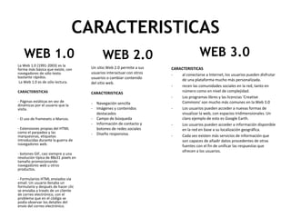 CARACTERISTICAS
WEB 1.0
La Web 1.0 (1991-2003) es la
forma más básica que existe, con
navegadores de sólo texto
bastante rápidos.
La Web 1.0 es de sólo lectura.
CARACTERISTICAS
- Páginas estáticas en vez de
dinámicas por el usuario que la
visita.
- El uso de framesets o Marcos.
- Extensiones propias del HTML
como el parpadeo y las
marquesinas, etiquetas
introducidas durante la guerra de
navegadores web.
- botones GIF, casi siempre a una
resolución típica de 88x31 pixels en
tamaño promocionando
navegadores web u otros
productos.
- Formularios HTML enviados vía
email. Un usuario llenaba un
formulario y después de hacer clic
se enviaba a través de un cliente
de correo electrónico, con el
problema que en el código se
podía observar los detalles del
envío del correo electrónico.
WEB 3.0
CARACTERISTICAS
- al conectarse a Internet, los usuarios pueden disfrutar
de una plataforma mucho más personalizada.
- recen las comunidades sociales en la red, tanto en
número como en nivel de complejidad.
- Los programas libres y las licencias 'Creative
Commons' son mucho más comunes en la Web 3.0
- Los usuarios pueden acceder a nuevas formas de
visualizar la web, con espacios tridimensionales. Un
claro ejemplo de esto es Google Earth.
- Los usuarios pueden acceder a información disponible
en la red en base a su localización geográfica.
- Cada vez existen más servicios de información que
son capaces de añadir datos procedentes de otras
fuentes con el fin de unificar las respuestas que
ofrecen a los usuarios.
WEB 2.0
Un sitio Web 2.0 permite a sus
usuarios interactuar con otros
usuarios o cambiar contenido
del sitio web.
CARACTERISTICAS
- Navegación sencilla
- Imágenes y contenidos
destacados
- Campo de búsqueda
- Información de contacto y
botones de redes sociales
- Diseño responsiva.
 