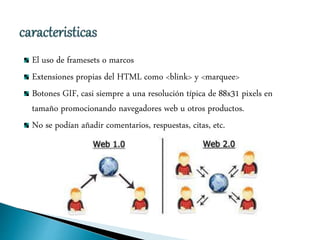 El uso de framesets o marcos
Extensiones propias del HTML como <blink> y <marquee>
Botones GIF, casi siempre a una resolución típica de 88x31 pixels en
tamaño promocionando navegadores web u otros productos.
No se podían añadir comentarios, respuestas, citas, etc.
 