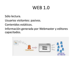 WEB 1.0 
Sólo lectura. 
Usuarios visitantes: pasivos. 
Contenidos estáticos. 
Información generada por Webmaster y editores 
capacitados. 
 