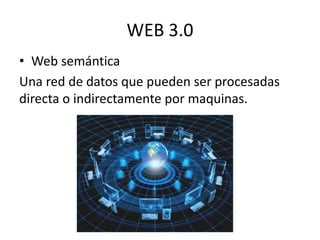 WEB 3.0 
• Web semántica 
Una red de datos que pueden ser procesadas 
directa o indirectamente por maquinas. 
 
