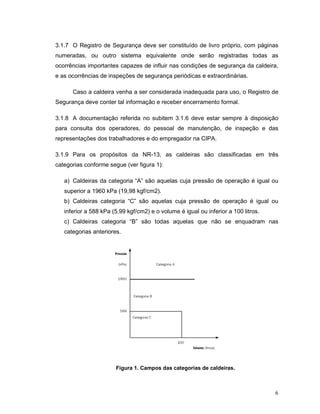 6
3.1.7 O Registro de Segurança deve ser constituído de livro próprio, com páginas
numeradas, ou outro sistema equivalente onde serão registradas todas as
ocorrências importantes capazes de influir nas condições de segurança da caldeira,
e as ocorrências de inspeções de segurança periódicas e extraordinárias.
Caso a caldeira venha a ser considerada inadequada para uso, o Registro de
Segurança deve conter tal informação e receber encerramento formal.
3.1.8 A documentação referida no subitem 3.1.6 deve estar sempre à disposição
para consulta dos operadores, do pessoal de manutenção, de inspeção e das
representações dos trabalhadores e do empregador na CIPA.
3.1.9 Para os propósitos da NR-13, as caldeiras são classificadas em três
categorias conforme segue (ver figura 1):
a) Caldeiras da categoria “A” são aquelas cuja pressão de operação é igual ou
superior a 1960 kPa (19,98 kgf/cm2).
b) Caldeiras categoria “C” são aquelas cuja pressão de operação é igual ou
inferior a 588 kPa (5,99 kgf/cm2) e o volume é igual ou inferior a 100 litros.
c) Caldeiras categoria “B” são todas aquelas que não se enquadram nas
categorias anteriores.
Figura 1. Campos das categorias de caldeiras.
 