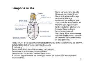 16
Lâmpada mista
.
Possui IRC 61 a IRC 63 conforme modelo, cor amarela e eficiência luminosa até 22 lm/W.
Esta lâmpada relativamente à de incandescência:
É mais cara.
Tem uma eficiência luminosa um pouco mais elevada.
Tem um espectro luminoso mais equilibrado.
Tem uma vida útil de cerca de cinco vezes maior.
È utilizada frequentemente em iluminação interior, em substituição da lâmpada de
incandescência.
Como o próprio nome diz, são
lâmpadas compostas de um
filamento ligado em série com
um tubo de descarga.
Funcionam em tensão de rede
230V, sem uso de reactância. O
filamento de tungsténio vem
também substituir o balastro na
limitação da corrente em
funcionamento normal.
São, via de regra, alternativas de
maior eficiência para substituição
de lâmpadas de incandescência
de altas potências.
 