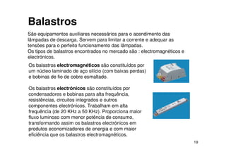 19
Os balastros electromagnéticos são constituídos por
um núcleo laminado de aço silício (com baixas perdas)
e bobinas de fio de cobre esmaltado.
Os balastros electrónicos são constituídos por
condensadores e bobinas para alta frequência,
resistências, circuitos integrados e outros
componentes electrónicos. Trabalham em alta
frequência (de 20 KHz a 50 KHz). Proporciona maior
fluxo luminoso com menor potência de consumo,
transformando assim os balastros electrónicos em
produtos economizadores de energia e com maior
eficiência que os balastros electromagnéticos.
Balastros
São equipamentos auxiliares necessários para o acendimento das
lâmpadas de descarga. Servem para limitar a corrente e adequar as
tensões para o perfeito funcionamento das lâmpadas.
Os tipos de balastros encontrados no mercado são : electromagnéticos e
electrónicos.
 