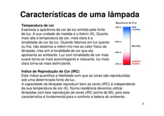3
Características de uma lâmpada
Temperatura de cor
Expressa a aparência de cor da luz emitida pela fonte
de luz. A sua unidade de medida é o Kelvin (K). Quanto
mais alta a temperatura de cor, mais clara é a
tonalidade de cor da luz. Quando falamos em luz quente
ou fria, não estamos a referir-mo-nos ao calor físico da
lâmpada, mas sim à tonalidade de cor que ela
apresenta ao ambiente. Luz com tonalidade de cor mais
suave torna-se mais aconchegante e relaxante, luz mais
clara torna-se mais estimulante.
Índice de Reprodução de Cor (IRC)
Este índice quantifica a fidelidade com que as cores são reproduzidas
sob uma determinada fonte de luz.
A capacidade da lâmpada reproduzir bem as cores (IRC) é independente
da sua temperatura de cor (K). Numa residência devemos utilizar
lâmpadas com boa reprodução de cores (IRC acima de 80), pois esta
característica é fundamental para o conforto e beleza do ambiente.
 