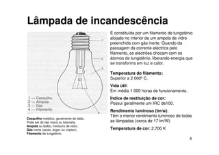 6
Lâmpada de incandescência
É constituída por um filamento de tungsténio
alojado no interior de um ampola de vidro
preenchida com gás inerte. Quando da
passagem da corrente eléctrica pelo
filamento, os electrões chocam com os
átomos de tungsténio, liberando energia que
se transforma em luz e calor.
Temperatura do filamento:
Superior a 2 000º C.
Vida útil:
Em média 1 000 horas de funcionamento.
Índice de restituição de cor:
Possui geralmente um IRC de100.
Rendimento luminoso (lm/w):
Têm o menor rendimento luminoso de todas
as lâmpadas (cerca de 17 lm/W)
Temperatura de cor: 2.700 K
Casquilho metálico, geralmente de latão.
Pode ser do tipo rosca ou baioneta.
Ampola ou bolbo, invólucro de vidro.
Gás inerte (azoto, árgon ou crípton).
Filamento de tungsténio.
 