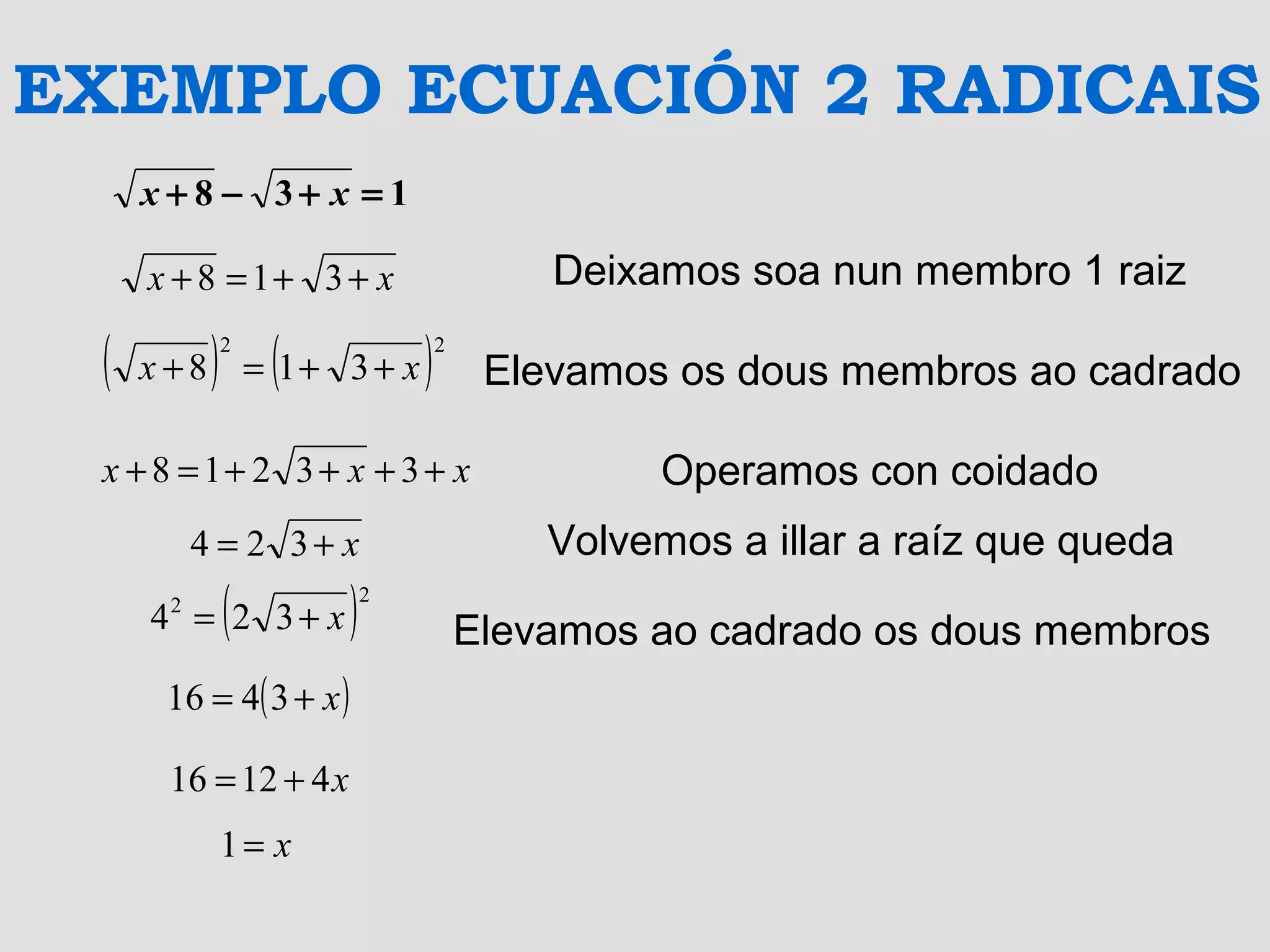 EXEMPLO ECUACIÓN 2 RADICAIS
138 =+−+ xx
Deixamos soa nun membro 1 raiz
Elevamos os dous membros ao cadrado
Operamos con coidado
xx ++=+ 318
( ) ( )22
318 xx ++=+
xxx ++++=+ 33218
x+= 324 Volvemos a illar a raíz que queda
( )22
324 x+=
( )x+= 3416
x41216 +=
x=1
Elevamos ao cadrado os dous membros
 
