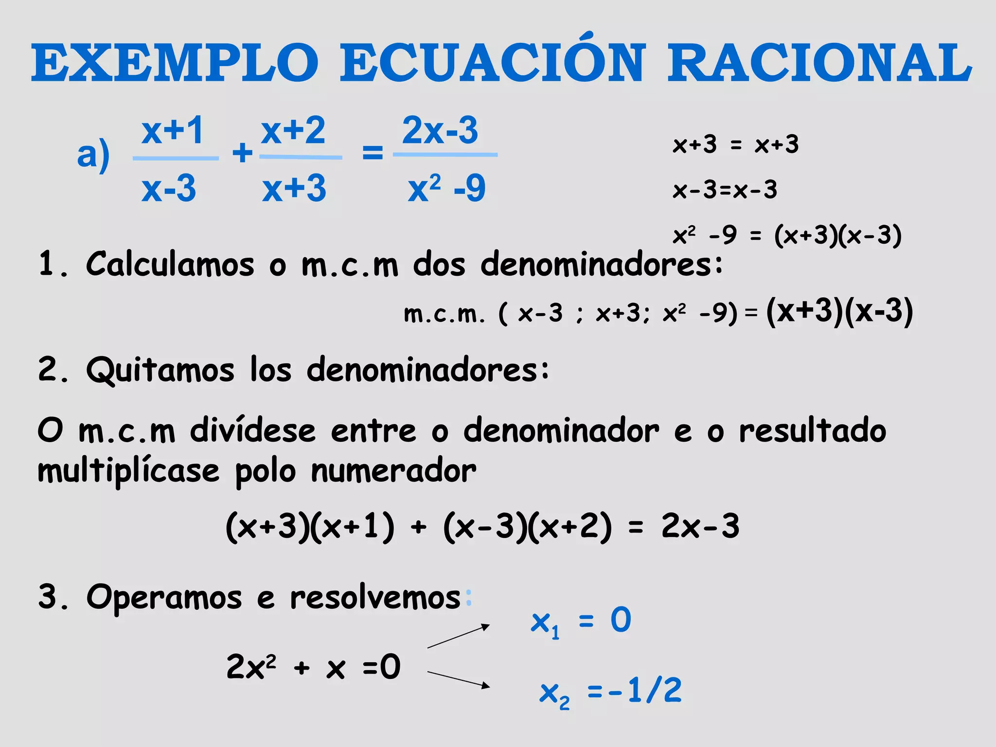 x+1 x+2 2x-3
a) + =
x-3 x+3 x2
-9
EXEMPLO ECUACIÓN RACIONAL
1. Calculamos o m.c.m dos denominadores:
2. Quitamos los denominadores:
O m.c.m divídese entre o denominador e o resultado
multiplícase polo numerador
m.c.m. ( x-3 ; x+3; x2
-9) = (x+3)(x-3)
x+3 = x+3
x-3=x-3
x2
-9 = (x+3)(x-3)
3. Operamos e resolvemos:
(x+3)(x+1) + (x-3)(x+2) = 2x-3
2x2
+ x =0
x1 = 0
x2 =-1/2
 