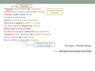 Pegue duas medidas de estupidez
Junte trinta e quatro partes de mentira
Coloque tudo numa forma
Untada previamente
Com promessas não cumpridas
Adicione a seguir o ódio e a inveja
As dez colheres cheias de burrice
Mexa tudo e misture bem
E não se esqueça: antes de levar ao forno
Temperar com essência de espírito de porco,
Duas xícaras de indiferença
E um tablete e meio de preguiça.
Os Anjos - Renato Russo
Fonte: http://letras.mus.br/renato-russo/74526/
Injunção
Elementos de uma
receita culinária
Características
humanas
 