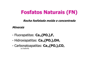 Fosfatos Naturais (FN)
Rocha fosfatada moída e concentrada
Minerais
- Fluorapatitas: Ca (PO ) F- Fluorapatitas: Ca10(PO4)6F2
- Hidroxiapatitas: Ca10(PO4)6OH2
- Carbonatoapatitas: Ca10(PO4)6CO3
ou fosforita
 