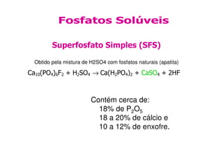 Superfosfato Simples (SFS)
Obtido pela mistura de H2SO4 com fosfatos naturais (apatita)
Ca10(PO4)6F2 + H2SO4 → Ca(H2PO4)2 + CaSO4 + 2HF
(Gesso Agrícola)
Fosfatos Solúveis
(Gesso Agrícola)
Contém cerca de:
18% de P2O5
18 a 20% de cálcio e
10 a 12% de enxofre.
 