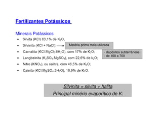 Fertilizantes Potássicos
Minerais Potássicos
- depósitos subterrâneos
- de 100 a 700
Matéria-prima mais utilizada
- de 100 a 700
Silvinita = silvita + halita
Principal minério evaporítico de K:
 