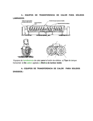 3.- EQUIPOS DE TRANSFERENCIA DE CALOR PARA SÓLIDOS
LAMINADOS:




 Equipos de Iransferencia de calor para la fusión de sólidos, a) Tipo de tanque
horizontal b) De caldcn agitada c) Molino de tambor doble


          4.- EQUIPOS DE TRANSFERENCIA DE CALOR                  PARA SOLIDOS
DIVIDIDOS.-
 